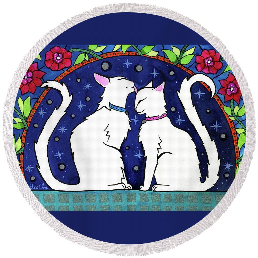 Our Purrfect Universe Round Beach Towel featuring the painting Our Purrfect Universe by Dora Hathazi Mendes