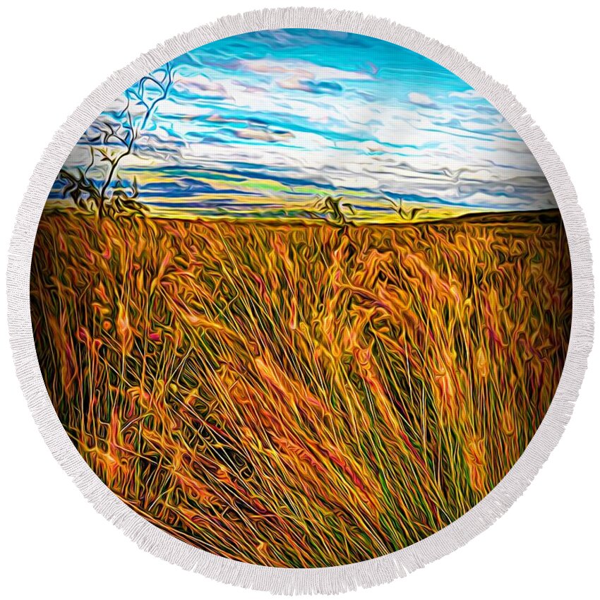 Digital Painting Round Beach Towel featuring the digital art Out in the Tall Grass by Heidi Fickinger