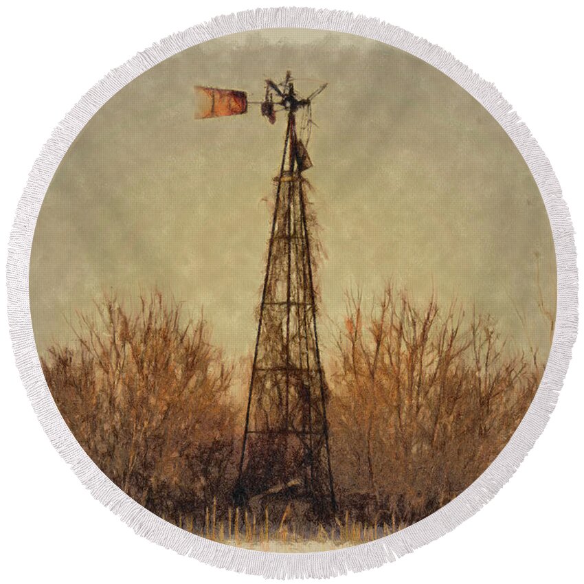 Farm Windmill Round Beach Towel featuring the digital art Out Of Order by Leslie Montgomery