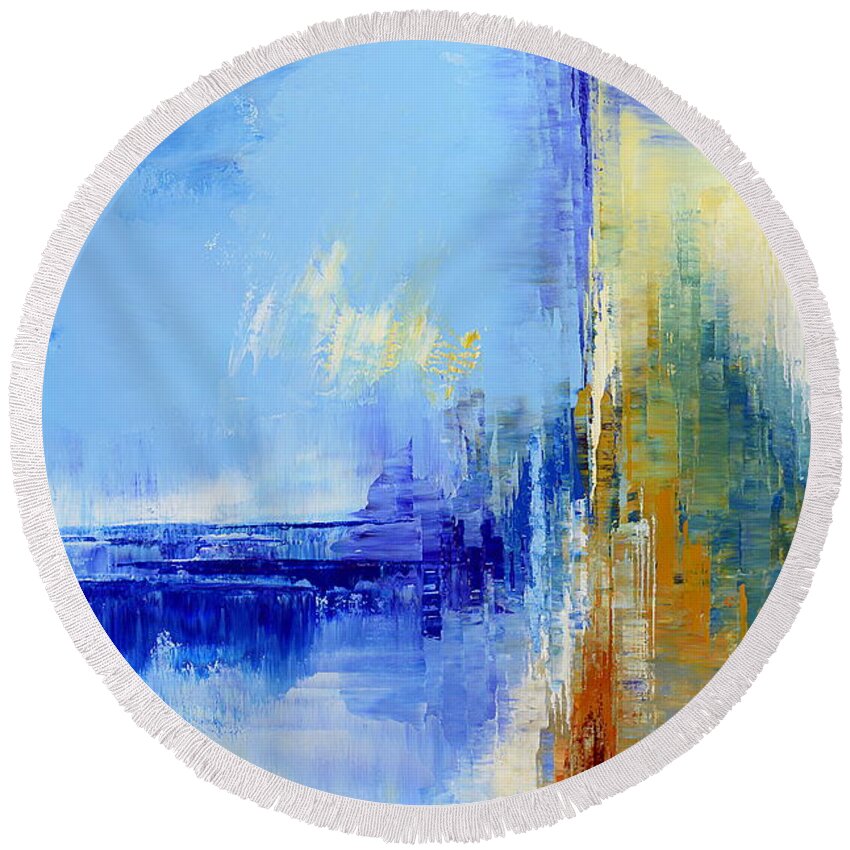 Abstract Round Beach Towel featuring the painting Out of the Blue by Tatiana Iliina