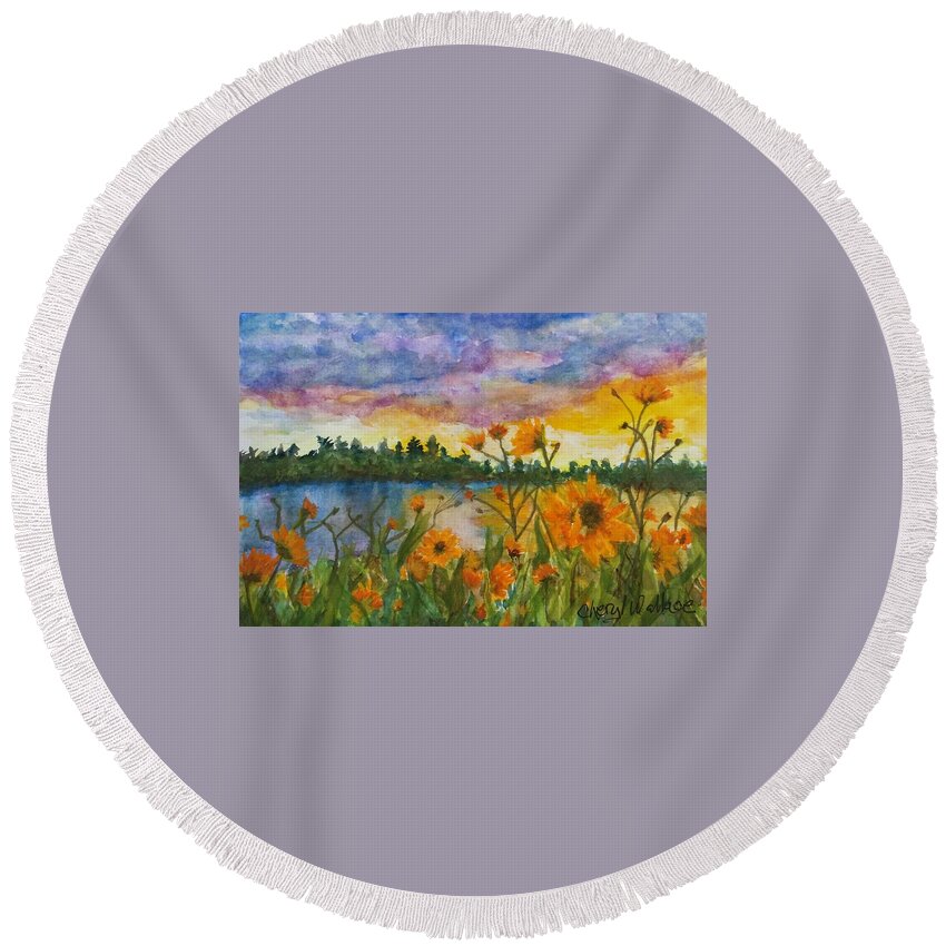 Sunset Round Beach Towel featuring the painting Out of the Clouds by Cheryl Wallace