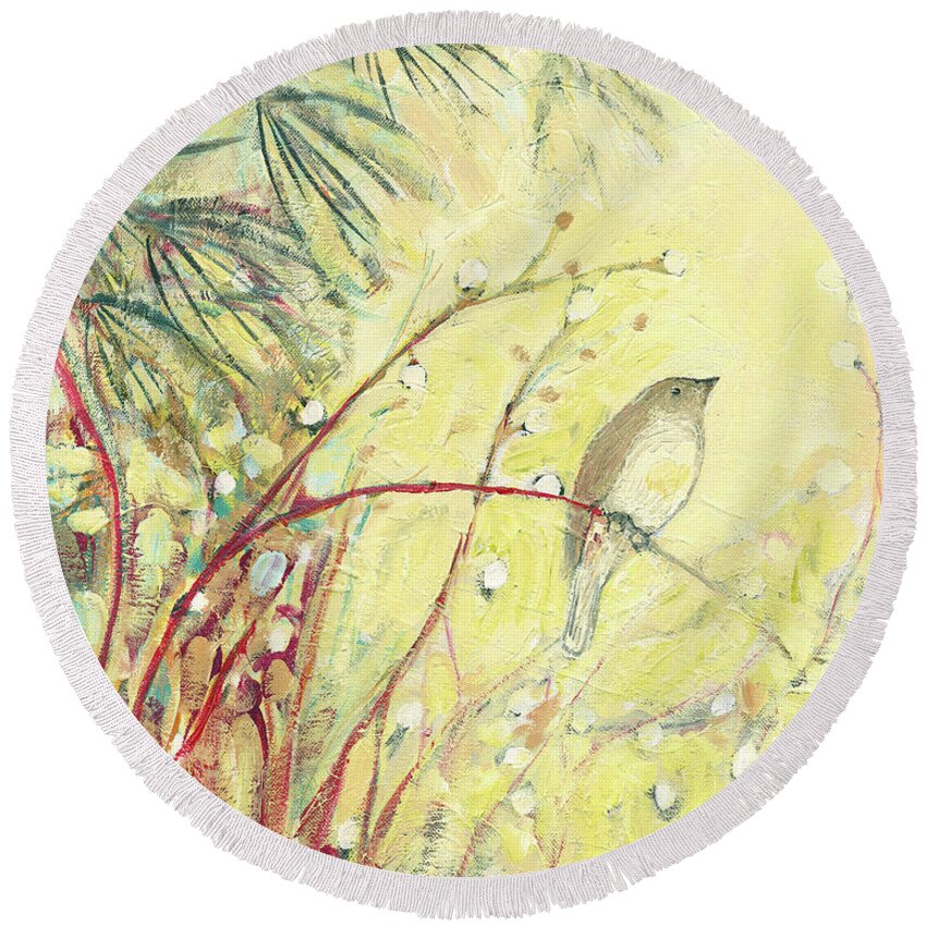 Bird Round Beach Towel featuring the painting Out on a Limb by Jennifer Lommers