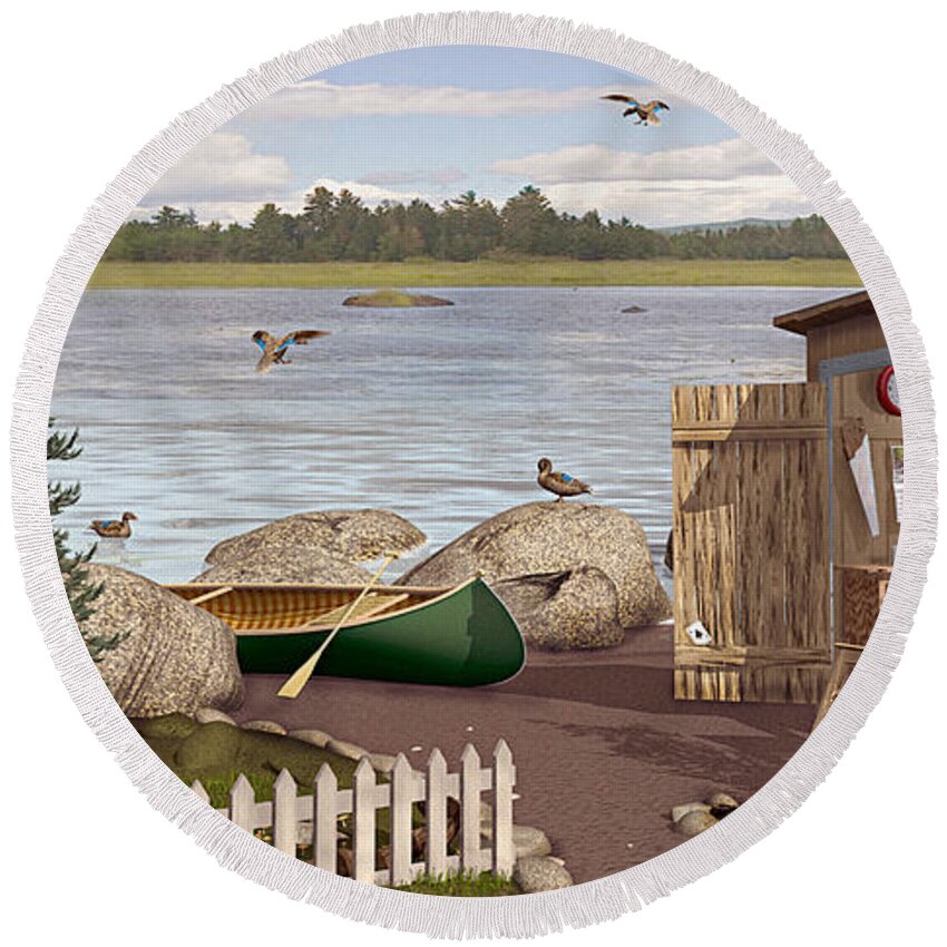 Outhouse Round Beach Towel featuring the painting Out ThayUh by Peter J Sucy