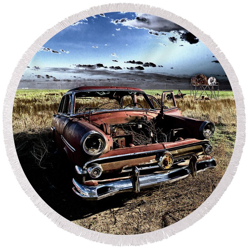 Decay Round Beach Towel featuring the photograph Out to Pasture by Tiffany Whisler