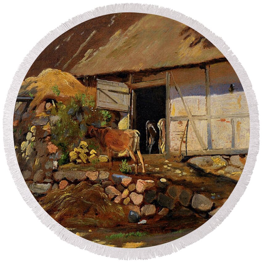 19th Century Art Round Beach Towel featuring the painting Outside the Cowshed by Johan Thomas Lundbye