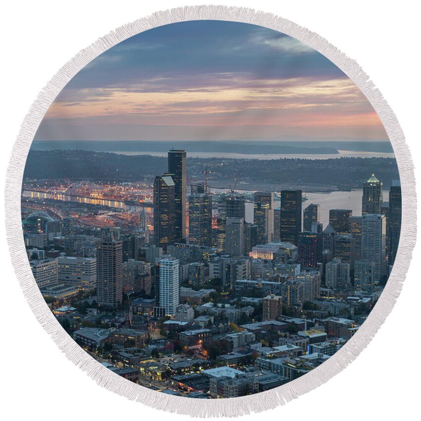 Seattle Round Beach Towel featuring the photograph Over Seattle Downtown and the Stadiums by Mike Reid