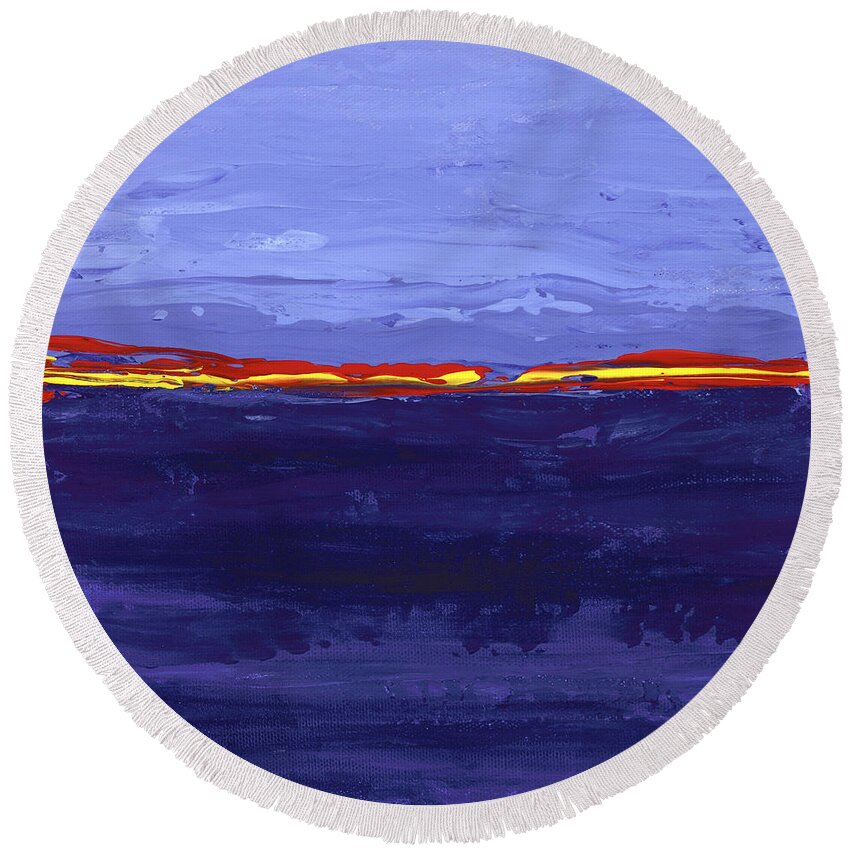 Abstract Round Beach Towel featuring the painting Over The Line Blue by Tamara Nelson