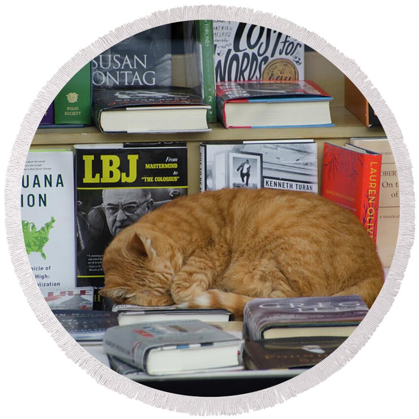 San Francisco Round Beach Towel featuring the photograph Owen at the Bookstore by Erik Burg