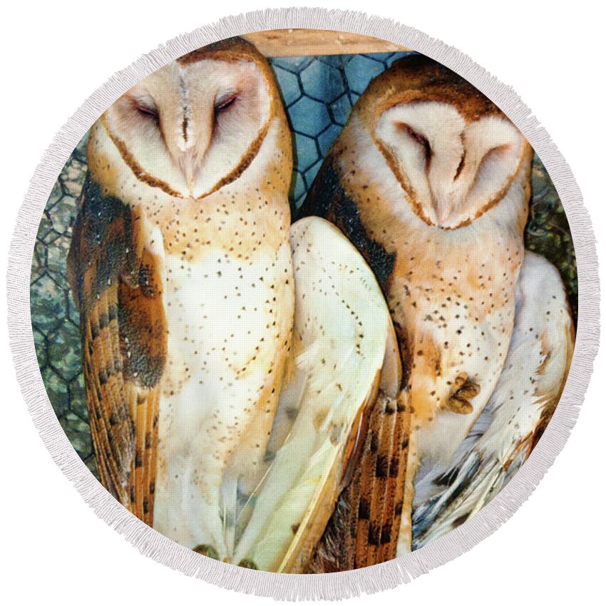 Barn Owl Round Beach Towel featuring the photograph Owl Buddies by Rochelle Berman