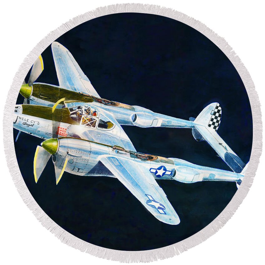 Aviation Round Beach Towel featuring the painting P-38L Lightning by Douglas Castleman