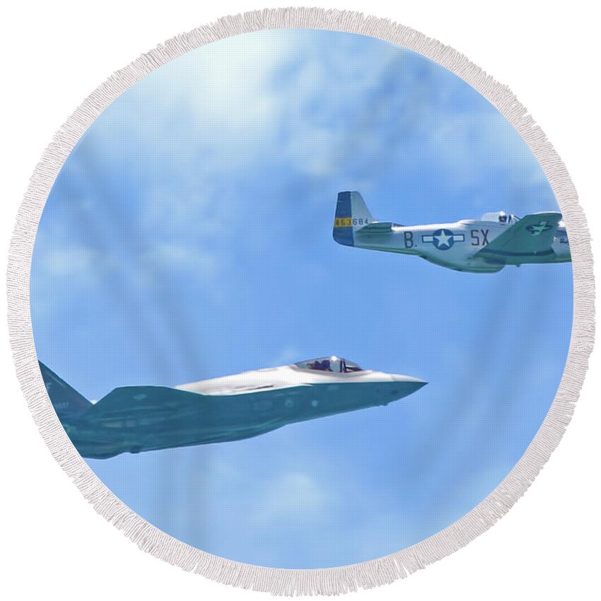 Air Force Round Beach Towel featuring the photograph P-51 Mustang and F-35 Joint Strike Fighter by Mark Andrew Thomas