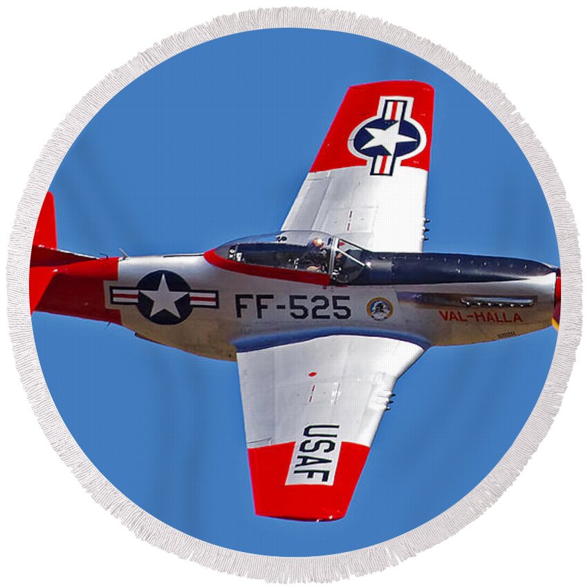 Images Round Beach Towel featuring the photograph P-51D Mustang Flyby by Rick Bures