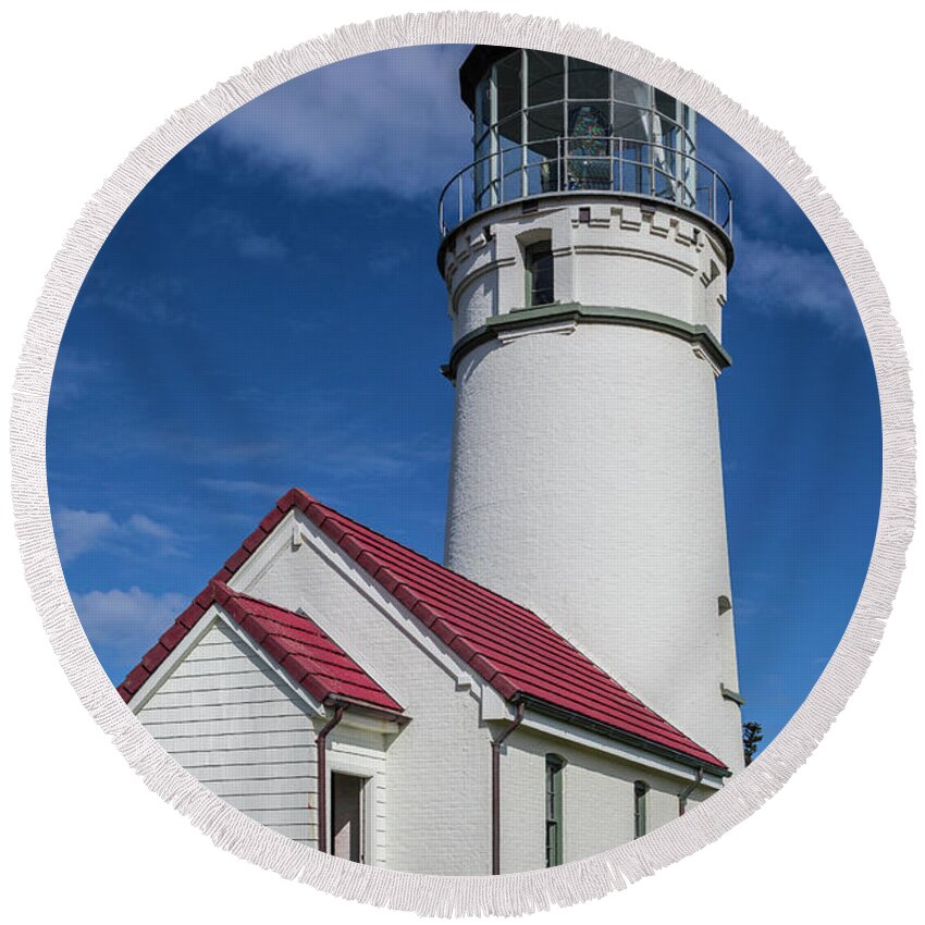 Clouds Round Beach Towel featuring the photograph Pacific Coastal Lighthouse by Debra and Dave Vanderlaan
