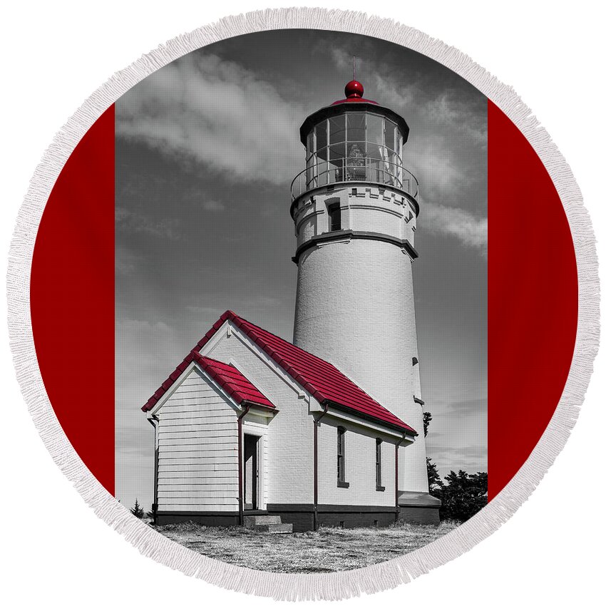 Clouds Round Beach Towel featuring the photograph Pacific Coastal Lighthouse in Creative Black and White by Debra and Dave Vanderlaan