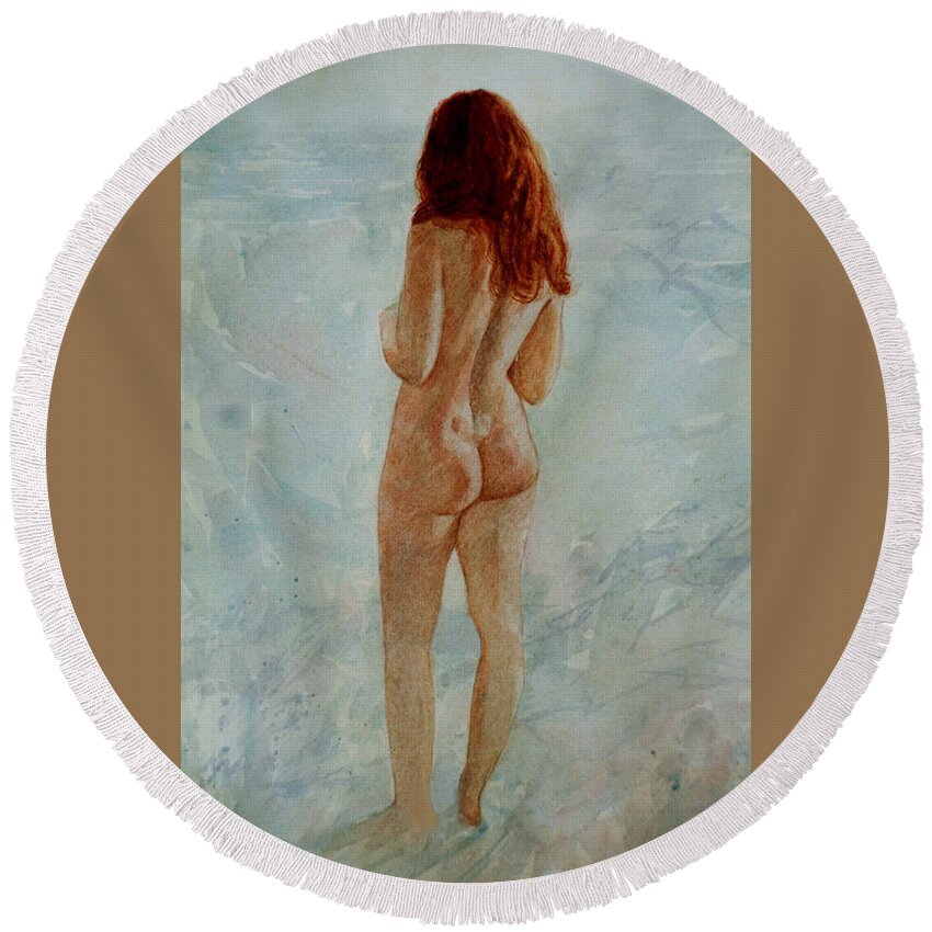 Erotic Round Beach Towel featuring the painting Pacific Ocean by David Ladmore