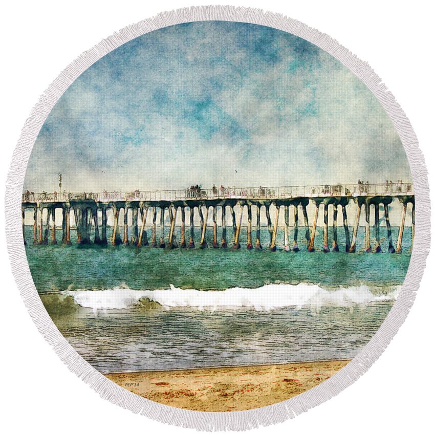 Pier Round Beach Towel featuring the photograph Pacific Ocean Pier by Phil Perkins