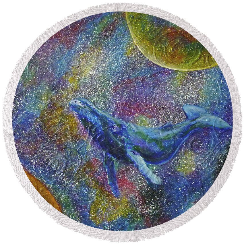 Whale In Space Round Beach Towel featuring the painting Pacific Whale in Space by Amelie Simmons