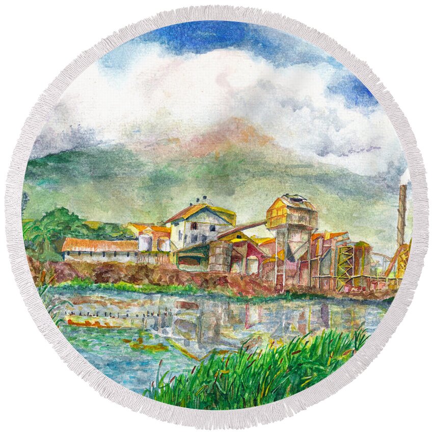 Paia Mill. Sugarmill Round Beach Towel featuring the painting Paia Mill 1 by Eric Samuelson