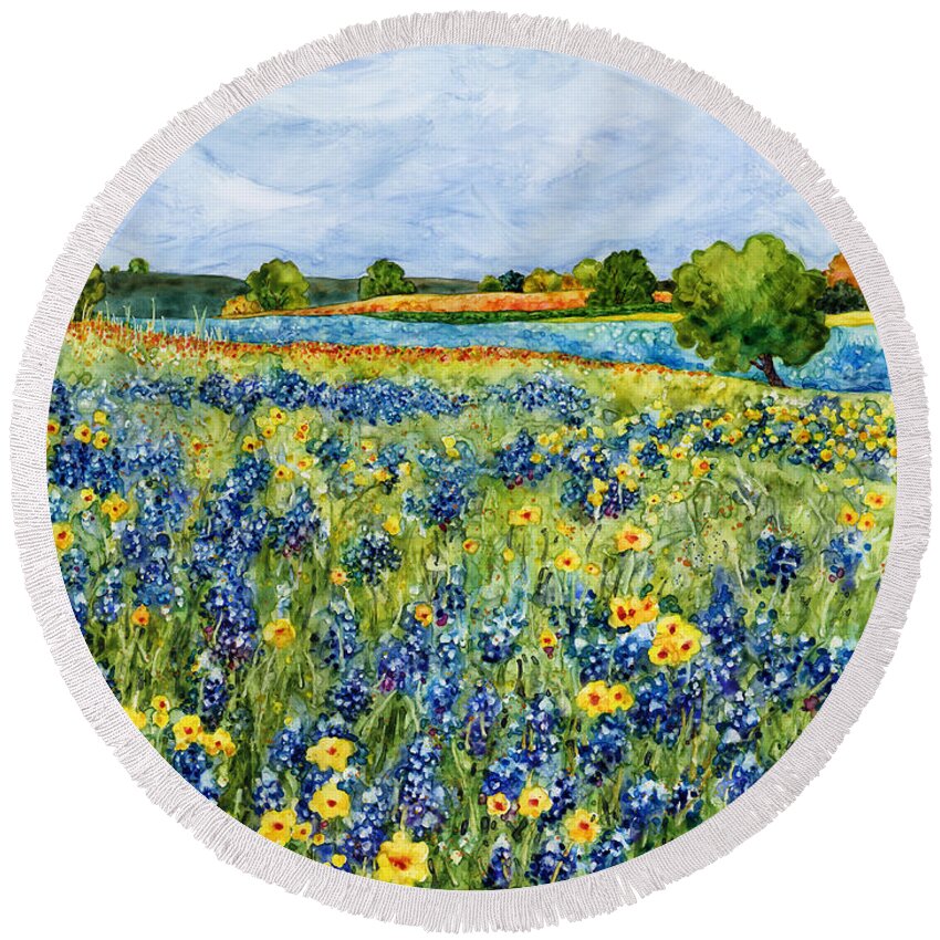 Bluebonnet Round Beach Towel featuring the painting Painted Hills by Hailey E Herrera