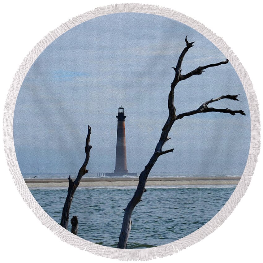 Lighthouses Round Beach Towel featuring the photograph Painted Morris Island Lighthouse by Skip Willits