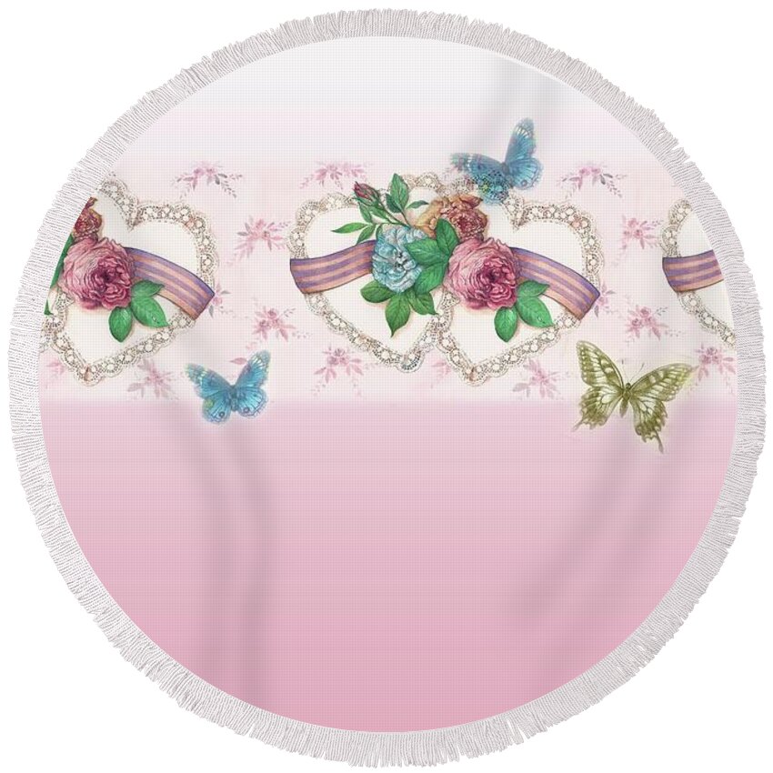 Valentine Designs Round Beach Towel featuring the painting Painted Roses with Hearts by Judith Cheng