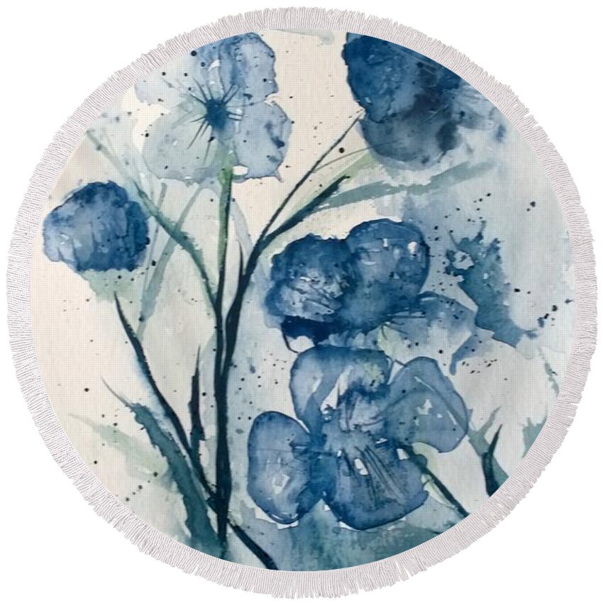 Flowers Round Beach Towel featuring the painting Painterly Blues by Eunice Miller