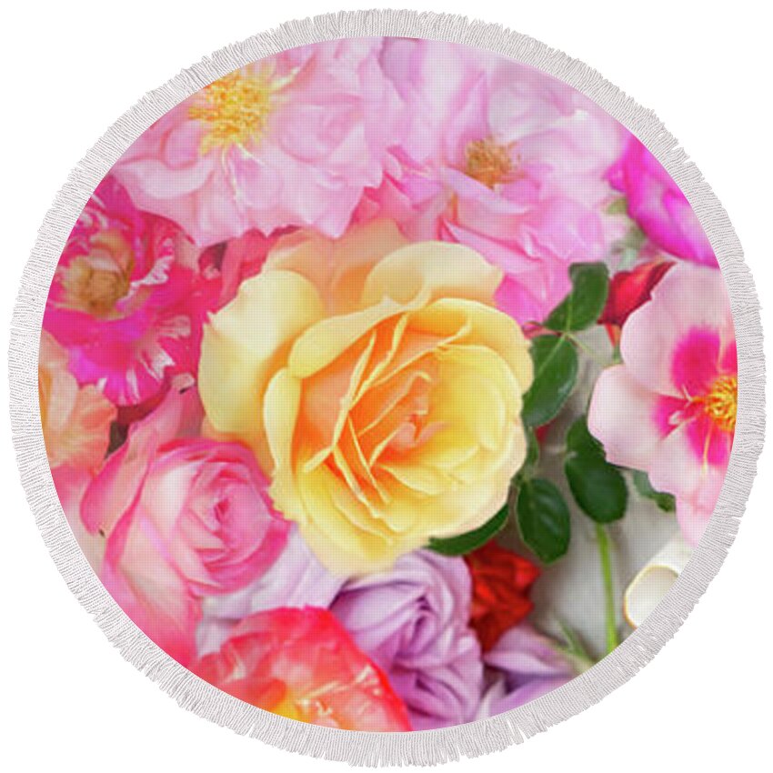Painterly Round Beach Towel featuring the photograph Painterly Tea Party with Fresh Garden Roses II by Susan Gary