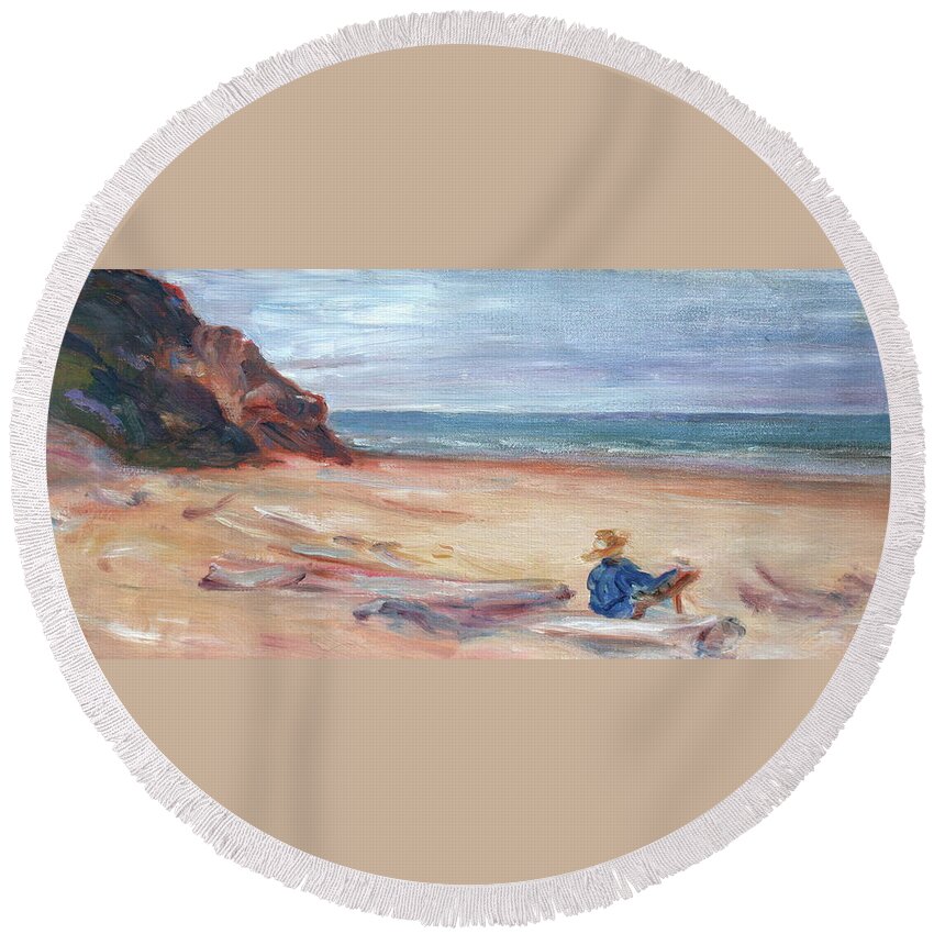 Impressionism Round Beach Towel featuring the painting Painting the Coast - Scenic Landscape with Figure by Quin Sweetman
