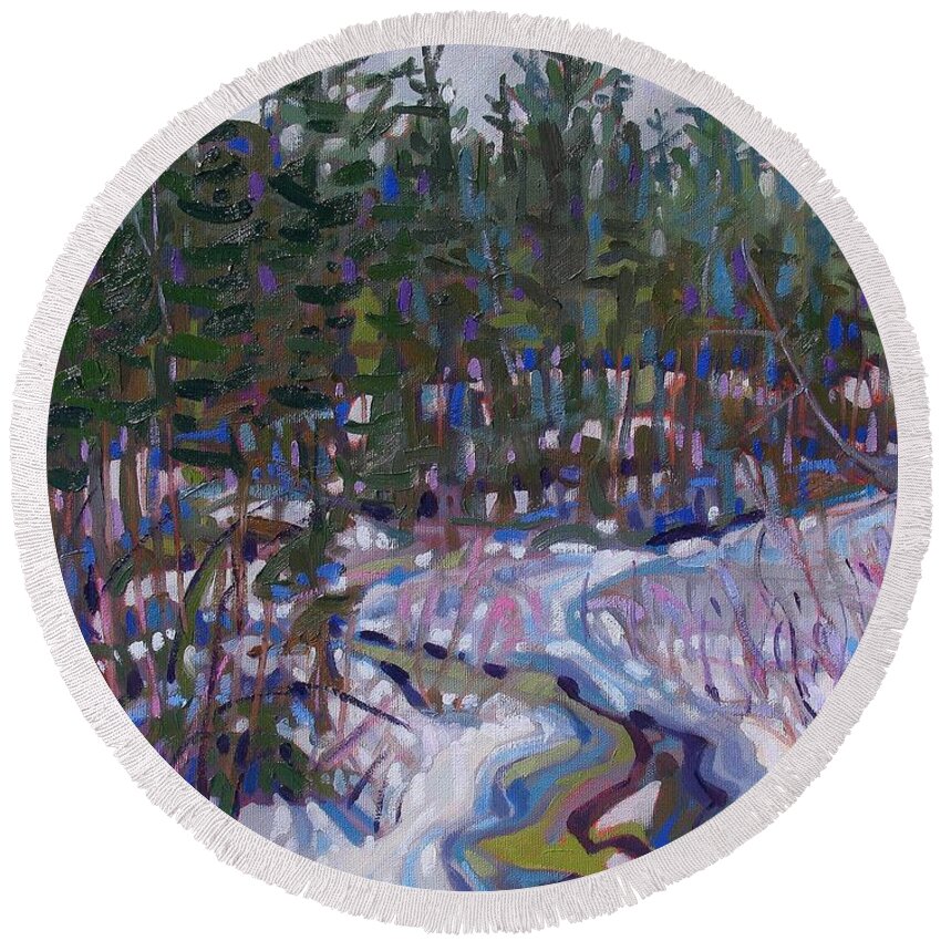 Spruce Round Beach Towel featuring the painting Painting Up A Storm by Phil Chadwick