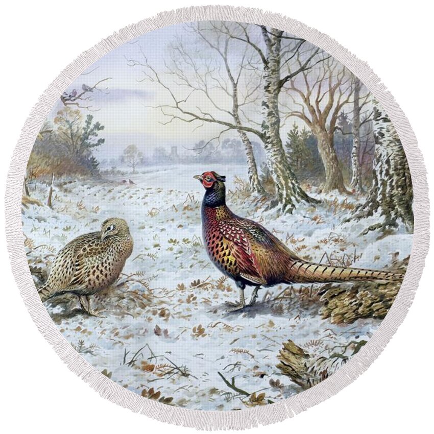 Game Bird; Snow; Woodland; Perdrix; Faisan; Troglodyte; Pheasant; Pheasants; Tree; Trees; Bird; Animals Round Beach Towel featuring the painting Pair of Pheasants with a Wren by Carl Donner