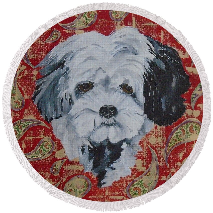 Puppy Round Beach Towel featuring the painting Paislee by Georgia Donovan