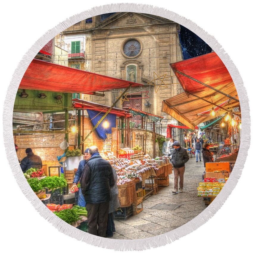 Architecture Round Beach Towel featuring the photograph Palermo Market Place by Juli Scalzi