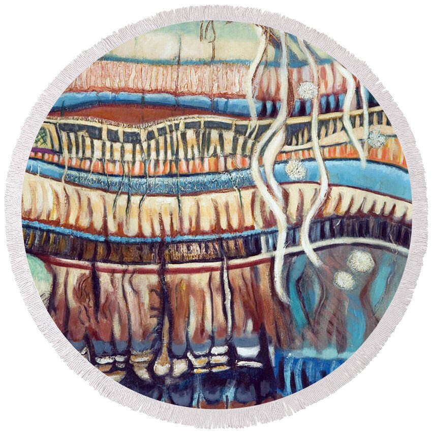 Abstract Round Beach Towel featuring the painting Palm Contractions by Kerryn Madsen-Pietsch