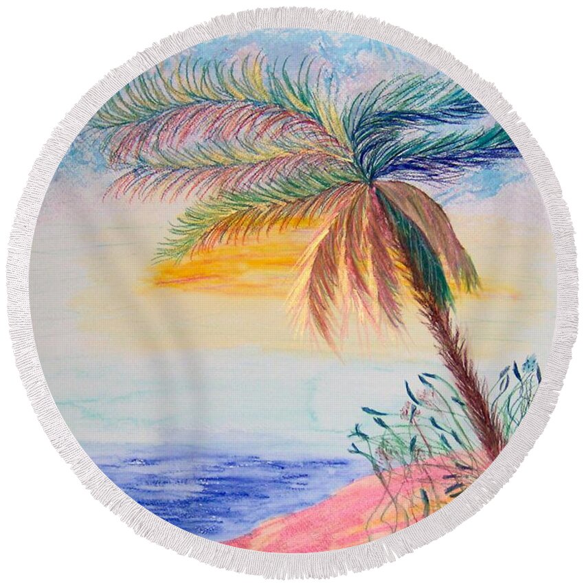 Seascape Round Beach Towel featuring the painting Palm Tree Ballet by Barbara Burns