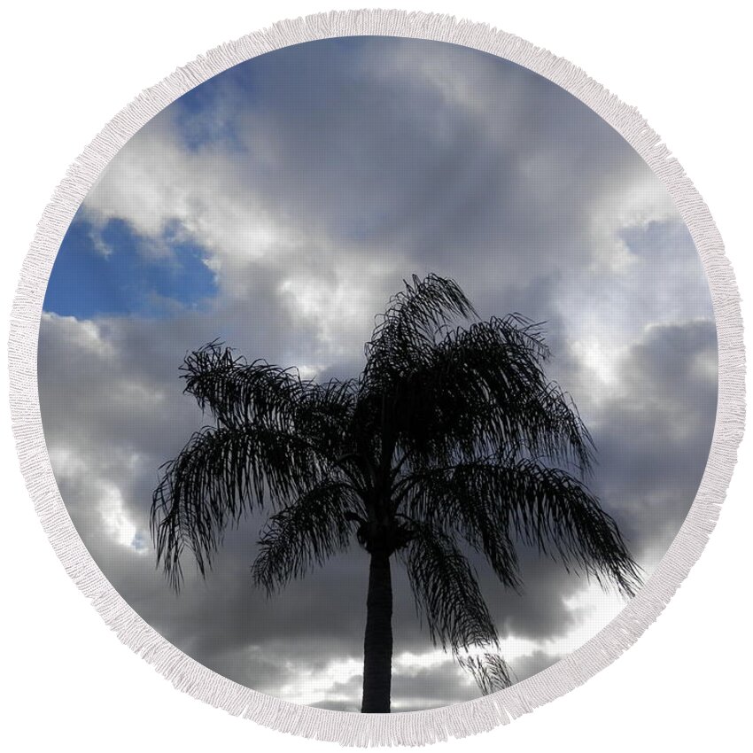 #portrichey #florida #windy #march #morning Blue And #white Sky Round Beach Towel featuring the photograph Palm Tree Swaying in Wind by Belinda Lee