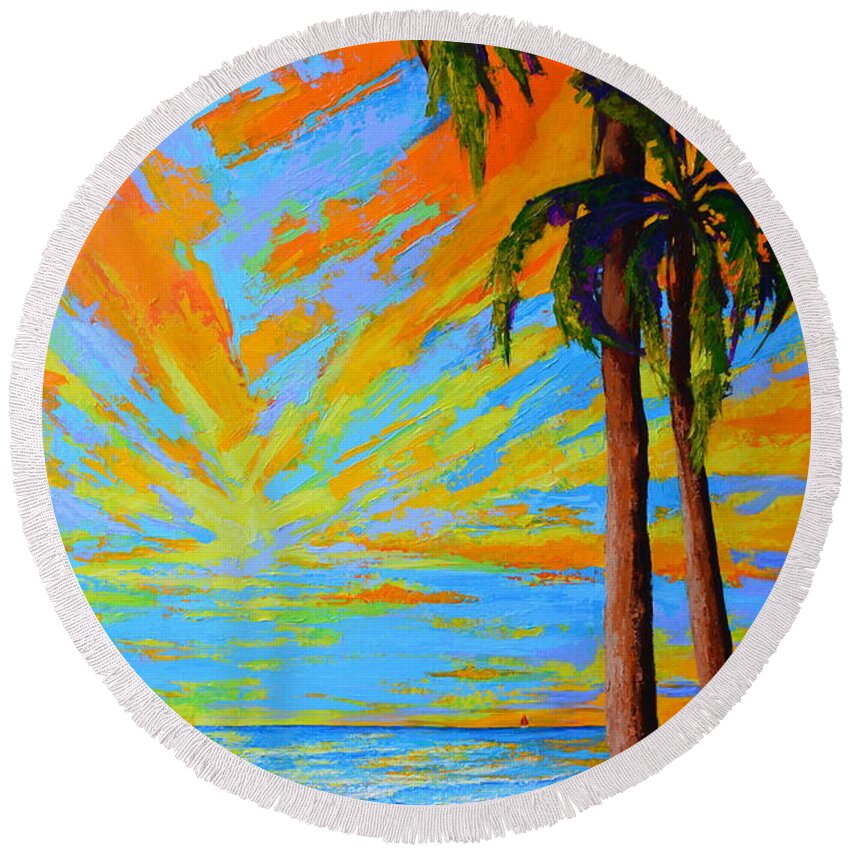 Florida Palm Trees Round Beach Towel featuring the painting Florida Palm Trees, Tropical Beach, Colorful Sunset Painting by Patricia Awapara