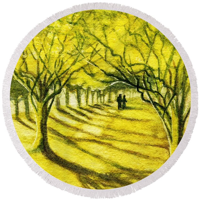 Palo Verde Trees Round Beach Towel featuring the painting Palo Verde Pathway by Marilyn Smith