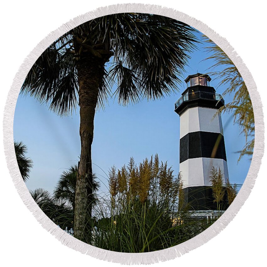 Carolina Round Beach Towel featuring the photograph Pampas Grass, Palms and Lighthouse by David Smith
