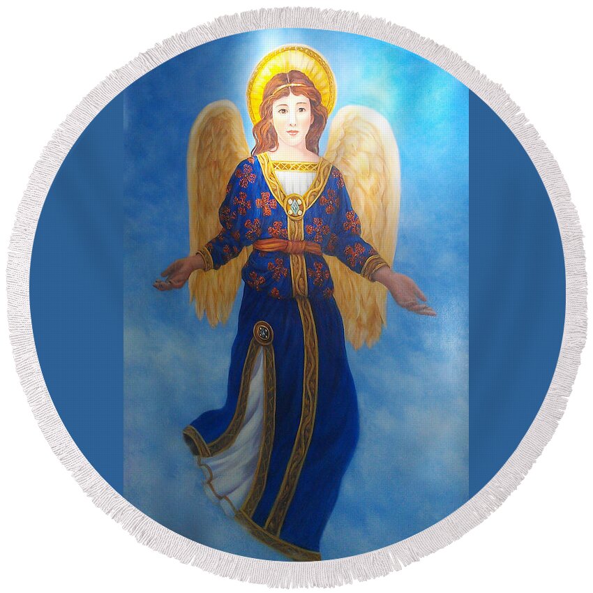 Religious Round Beach Towel featuring the painting Pam's Angel by Lynne Pittard