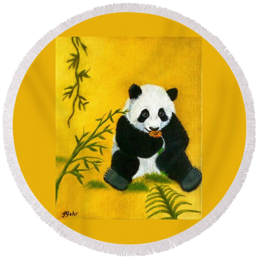 Panda Round Beach Towel featuring the painting Panda Power by Dr Pat Gehr