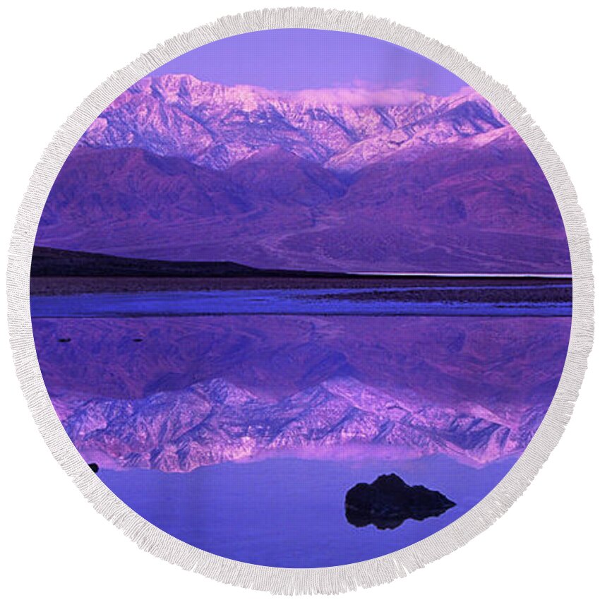 North America Round Beach Towel featuring the photograph Panorama Badwater and the Panamint Range at Sunrise Death Valley by Dave Welling