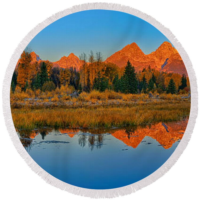 Schwabacher Landing Round Beach Towel featuring the photograph Panoramic Dawn at Schwabacher Landing by Greg Norrell