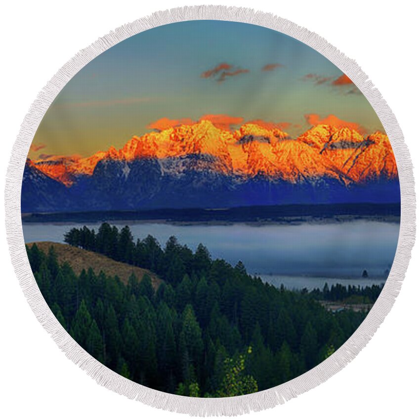 Grand Teton National Park Round Beach Towel featuring the photograph Panoramic Dawn on the Tetons by Greg Norrell