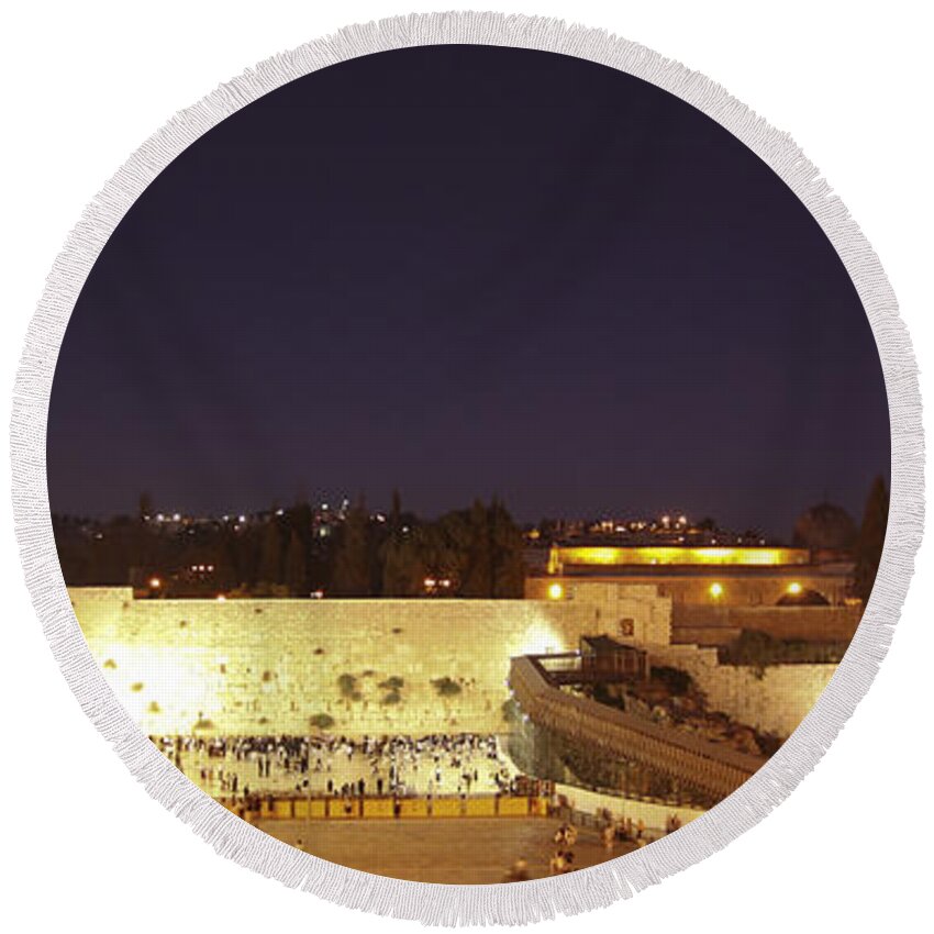 Israel Round Beach Towel featuring the photograph Panoramic night view of the Wailing Wall by Alon Meir