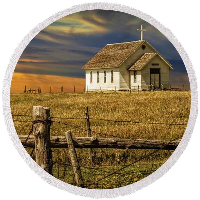 Church Round Beach Towel featuring the photograph Panoramic of Old Rural Country Church at Sunset on the Prairie by Randall Nyhof