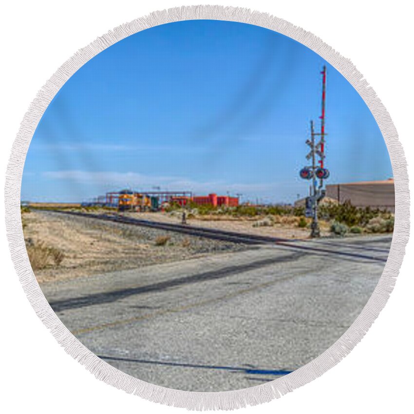 Railway Crossing; Railroad Crossing; Train Crossing; Union Pacific; Freight Train; Yellow; Blue; Green; Red; Water Storage; Train Tracks; Train Signal; Mojave Desert; Mohave Desert; Antelope Valley; Joe Lach Round Beach Towel featuring the photograph Panoramic Railway Signal by Joe Lach