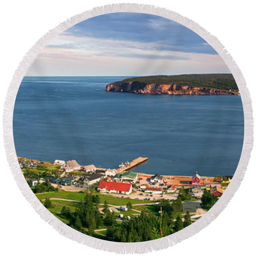 Perce Round Beach Towel featuring the photograph Panoramic view in Perce Quebec by Elena Elisseeva
