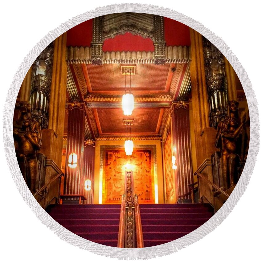 1000 Views Round Beach Towel featuring the photograph Pantages Theater's Grand Staircase by Jenny Revitz Soper