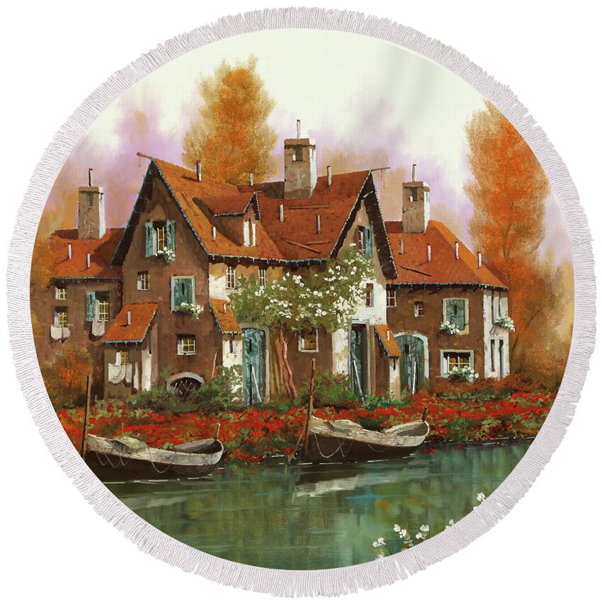 Emerald Round Beach Towel featuring the painting Papaveri Al Torrente by Guido Borelli
