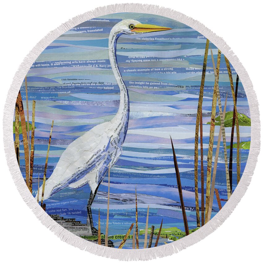 Heron Round Beach Towel featuring the mixed media Paper Crane by Shawna Rowe